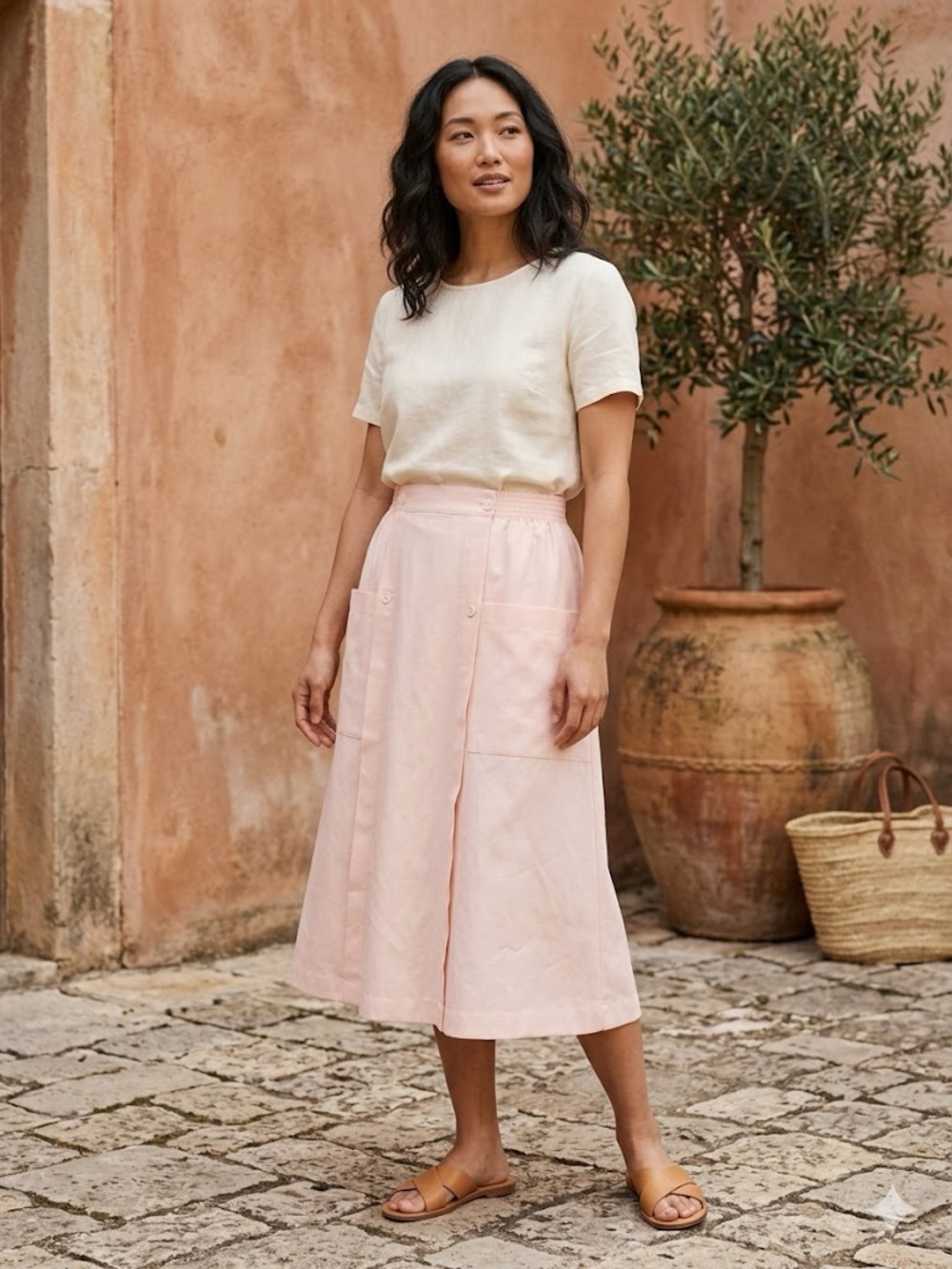 ✨Vintage✨ Pale Pink Midi Skirt with Front Pockets Women size 14